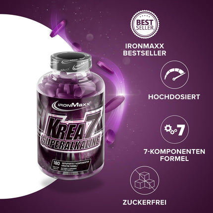 Krea7 Superalkaline kreatīna tabletes 180 gab. - 1590 mg kreatīna vienā tabletē, ar augstas devas 7 komponentu formulu, vegāns un bezcukura kreatīns