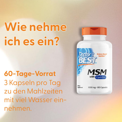 Doctor's Best, MSM ar OptiMSM, 180 kapsulas, 3000 mg MSM vienā devā, bez glutēna, bez ĢMO, bez garšas