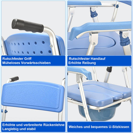 Dušas krēsls, tualetes krēsls ar riteņiem senioriem | Pārvietojams saliekams dušas ratiņkrēsls ar roku balstu un atzveltni, maksimālā slodze 150 kg (zils 1)