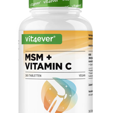 MSM 2000 mg - 365 tabletes - Ar dabīgu C vitamīnu no acerolas - Bez piedevām - 6 mēnešu krājumi - Augsta deva - Laboratorijā pārbaudīts - Vegāns