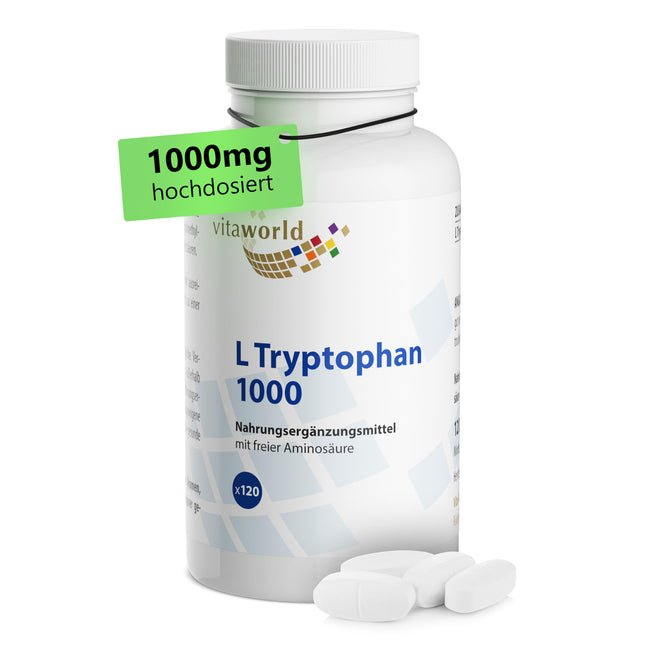 L-triptofāns - Augsta L-triptofāna deva 1000 mg uz tableti (120 vegānas tabletes) - Aminoskābe no augu fermentācijas - bez nevēlamām piedevām, bez glutēna un bez laktozes - vitaworld