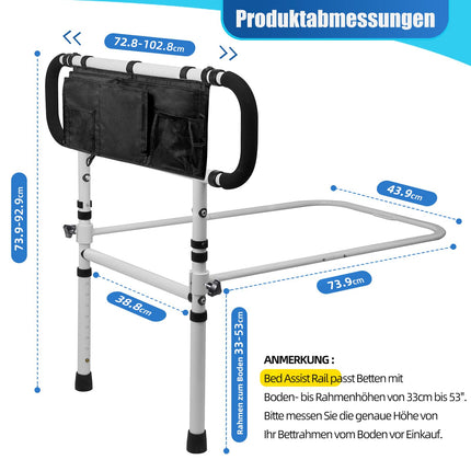 FinityPro gultas pacēlājs senioriem, regulējams un izvelkams gultas pacēlājs senioriem, salokāma gultas margas ar lielu uzglabāšanas somu senioriem, celtspēja 450 mārciņas, gultas margas pieaugušajiem