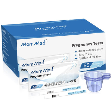 MOMMED grūtniecības tests (HCG55), 55 grūtniecības testa agrīnās pārbaudes strēmeles ar 55 urīna savākšanas krūzītēm bonusā; Grūtniecības testu precizitāte pārsniedz 99%