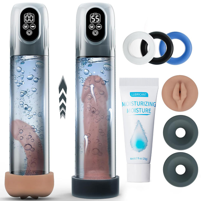 Penispumpe für Penisvergrößerung Sex Spielzeug für die Männer, Elektrische Penis Pumpe Vakuumpumpe mit 5 Saugstufen 6 Trainingsmodi, Wasserdicht Taschenmuschi Masturbator mit Penisring 2 Silikonhülsen