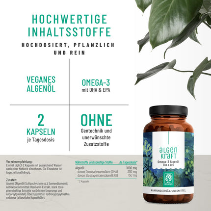 NATURTREU® Algenkraft - Vegānisks Omega 3 no aļģu eļļas – 1000 mg Omega 3 aļģu eļļas no ilgtspējīgām kultūrām – Mikroaļģu eļļa ar augstu DHA un EPA devu optimālā attiecībā – Laboratorijā pārbaudīts