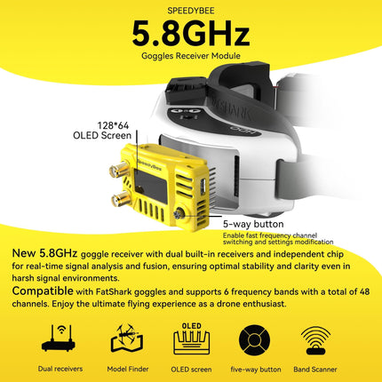5,8 GHz briļļu uztvērējs ar OLED ekrānu, divkāršs uztvērējs, 48 ​​kanāli FatShark HDZero Orqa FPV brillēm, saderīgs ar DJI V1, V2 (antena iekļauta komplektā)