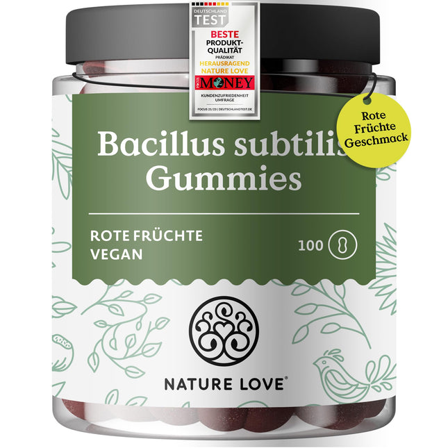 NATURE LOVE® Bacillus Subtilis gumijas konfektes - 100 gabaliņi - Gada mikrobs 2023 - no dabīgiem augļu sulu koncentrātiem - 96,5% augļu saturs - 3 miljardi CFU dienā - vegānisks, laboratoriski pārbaudīts