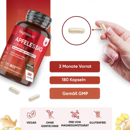 Ābolu sidra etiķa kapsulas - 1860 mg ābolu sidra etiķa komplekss no mātes sulas un Lactobacillus Gasseri, kurkumas, ingvera un kajēnas pipariem - 180 kapsulas 2 mēnešiem - ābolu sidra etiķis - WeightWorld
