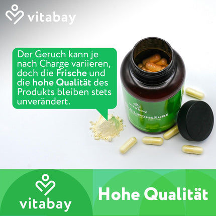 Vitabay R-alfa lipoīnskābe 300 mg - 120 kapsulas, augsta deva un vegāns - alfa lipoīnskābe ar augstu biopieejamību, laboratoriski pārbaudīta un ražota no augstas kvalitātes izejvielām