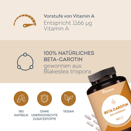 Beta karotīna kapsulas ar augstu devu un vegānas – A vitamīna priekštecis – Starojošs un ilgstošs iedegums – Karotīna kapsulas ar augstu devu iedegumam – 100% dabīgas – Bez piedevām – 180 kapsulas – Vitavea