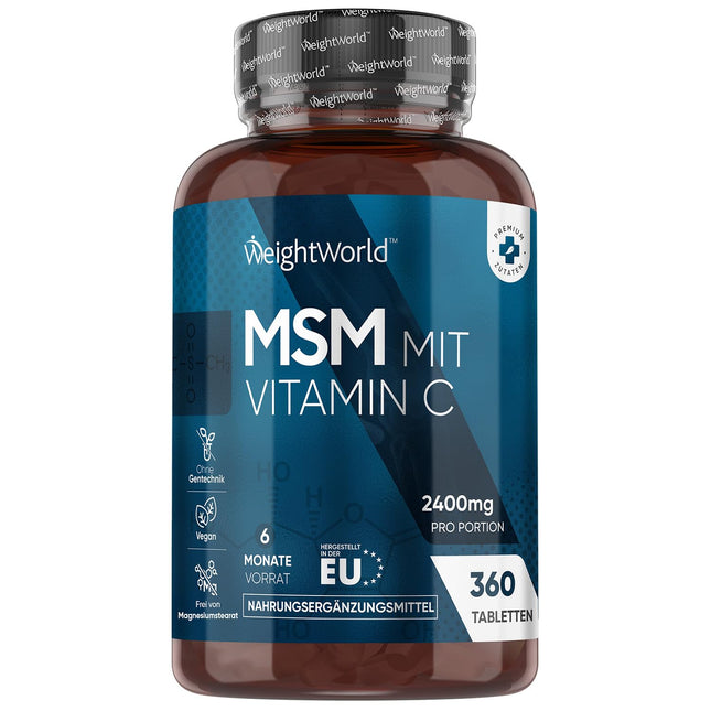 MSM 2400 mg ar 100 mg C vitamīna - 360 vegānas tabletes 6 mēnešu krājumam - Metilsulfonilmetāns un C vitamīns - Alternatīva kapsulām un pulverim - Bez glutēna un magnija stearāta - WeightWorld