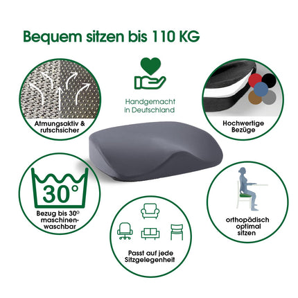Vital Kissen® ortopēdiskais sēdekļa spilvens – ortopēdisks spilvens | Ķīļveida spilvena krēsls | ergonomisks | Mazina spiedienu uz gurniem, muguru un jostas skriemeļiem | Piemīt sāpes mazinoša iedarbība | novērš sliktu stāju | antracīts