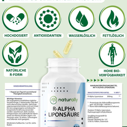 dabīgas R alfa lipoīnskābes kapsulas [120 kapsulas] – 300 mg augsta deva, vegāns, ražots Vācijā
