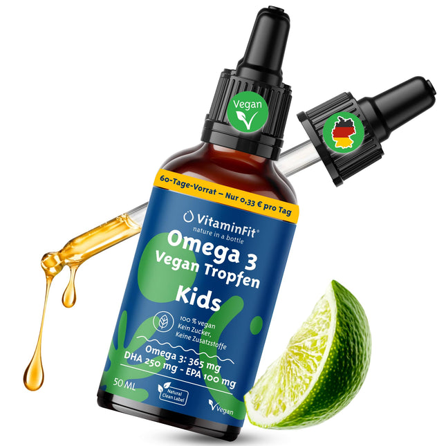 VitaminFit Kids Omega-3 pilieni uztura bagātinātājs bērniem - šķidrums - DHA - EPA - ALA - bez zivīm - 100% augu izcelsmes - vegāns - 50 ml