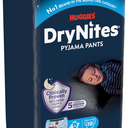 HUGGIES DryNites absorbējošās nakts autiņbiksītes gultas mitrināšanai, zēniem 4-7 gadi (17-30 kg), 3 x 10 gab. = 30 autiņbiksītes, autiņbiksītes, autiņbiksītes