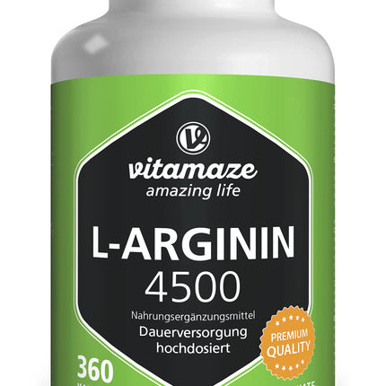 L-arginīna kapsulas ar augstu devu, 4500 mg dienā, 360 kapsulas tīra L-arginīna hidrohlorīda, kas iegūts augu fermentācijas ceļā, uztura bagātinātājs bez nevajadzīgām piedevām, ražots Vācijā