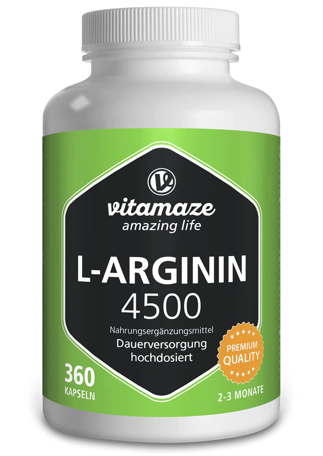 L-arginīna kapsulas ar augstu devu, 4500 mg dienā, 360 kapsulas tīra L-arginīna hidrohlorīda, kas iegūts augu fermentācijas ceļā, uztura bagātinātājs bez nevajadzīgām piedevām, ražots Vācijā