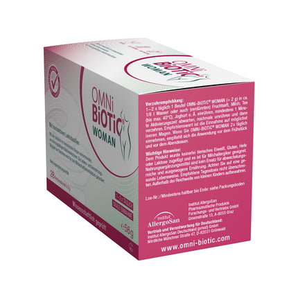 OMNi BiOTiC WOMAN, 28 porcijas, 4 baktēriju celmi, 10 miljardi baktēriju vienā dienas devā, pulveris, vegāns, bez glutēna, bez laktozes, ikdienas lietošanai, vienkārši dzerams