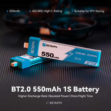 BETAFPV 4 gab. BT2.0 550mAh 1S akumulators 3.8V 40C/80C Lipo akumulators ar BT2.0 savienotāju, saderīgs ar 75-85 mm 1S FPV sacīkšu droniem, kvadrokopteriem, piemēram, Meteor75 Pro FPV dronu