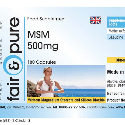 Fair &amp; Pure® - MSM 500 mg kapsulas - 180 kapsulas - metilsulfonilmetāns - vegāns - bez magnija stearāta