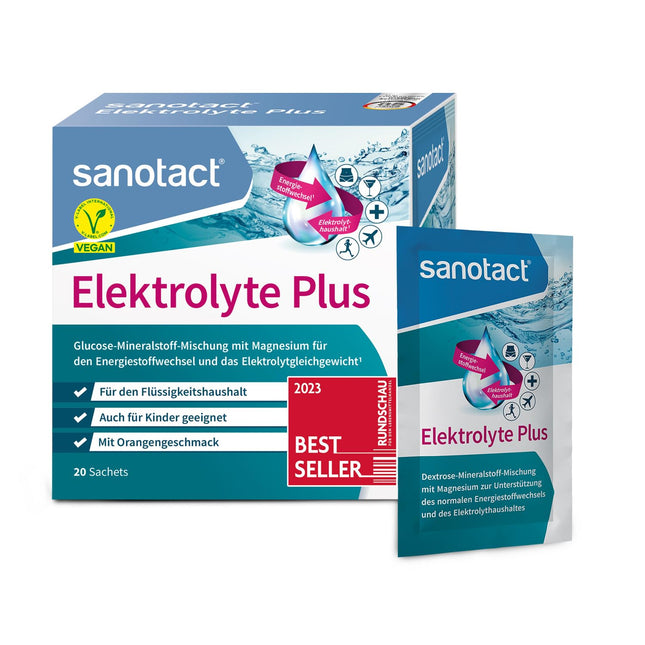 sanotact Electrolytes Plus (20 paciņas) • Elektrolītu pulveris šķidruma līdzsvaram • Kālijs un magnijs elektrolītu līdzsvaram • 100% vegāns • Atjaunojošais dzēriens • Apelsīnu garša
