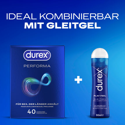 Durex Performa prezervatīvi – dzimumakta pagarināšanas prezervatīvi ar 5% benzokaīna gelu un viegli uzvelkamu formu – 40 prezervatīvi (1 iepakojums)