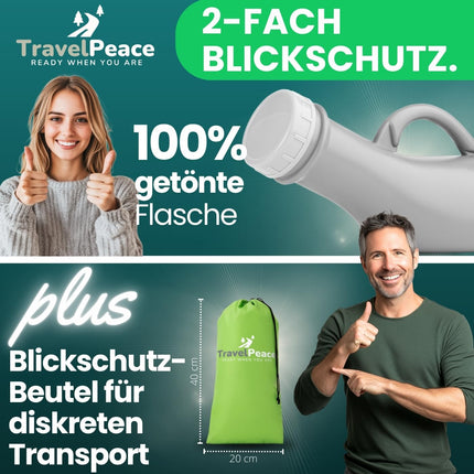 TRAVELPEACE® - pisuāra pudele - 3 vienā komplekts - ar komforta higiēnas birsti - ieskaitot Privātuma soma - pisuārs sievietēm un vīriešiem