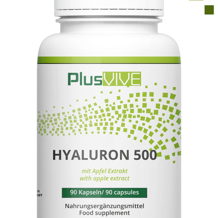 PlusVive hialuronskābes kapsulas ar augstu devu I 1 x 90 kapsulas ar ābolu ekstraktu I 500 mg hialuronskābes ar 500–700 kD vienā kapsulā I Hialuronskābes kapsulas I Uztura bagātinātājs Vegāns un laboratoriski pārbaudīts