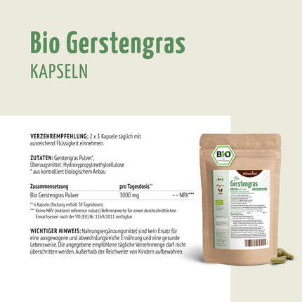 Miežu zāles kapsulu bioloģiskās uzpildes iepakojums 400 gab. | 3000 mg dienā | smalki samalta miežu zāle kapsulu formātā | no kontrolētas bioloģiskās lauksaimniecības | bez piedevām | no Ahterhofas
