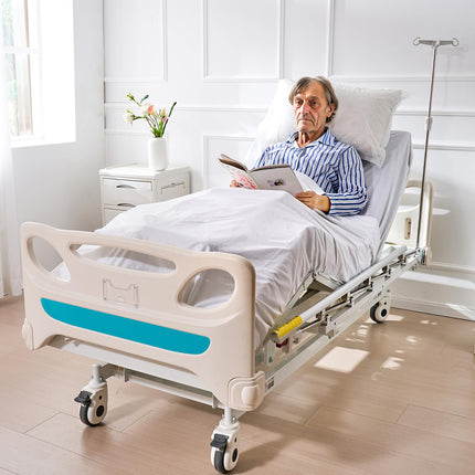 VEVOR Premium pilnībā elektriskā slimnīcas gulta ar 3 funkcijām, elektriskā medicīniskā intensīvās terapijas gulta ar matraci un intravenozo stieni, rokas vadību un 5 collu bloķējamiem ritenīšiem lietošanai