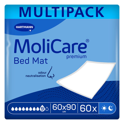 Molicare Premium gultas paklājiņš 9 pilieni: gultas aizsargpaklājiņš ar absorbējošu serdi, kas izgatavota no celulozes pārslām, 60x90cm, 2x30 gabali