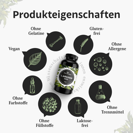 L-arginīns - 365 vegānas kapsulas - 4500 mg augu izcelsmes L-arginīna HCl no fermentācijas (no kuriem 3750 mg tīra L-arginīna) vienā dienas devā - Augsta deva, bez piedevām, laboratoriski pārbaudīts, ražots Vācijā