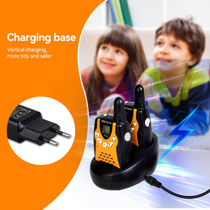 Retevis RT602 Walkie Talkie Kids 8 kanāli PMR446 bērnu divvirzienu radio ar uzlādējamām baterijām Lukturītis VOX LCD displejs Rotaļlietu spiegu aprīkojums Dāvanas bērniem (1 pāris, oranžs)