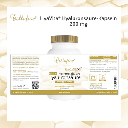 Cellufine® HyaVita hialuronskābe 150 kapsulas – augstas devas, augstas molekulmasas, bezglutēna, vegānas – 150 bezglutēna kapsulas ar HyaVita hialuronskābi | dabīgs un bez konservantiem