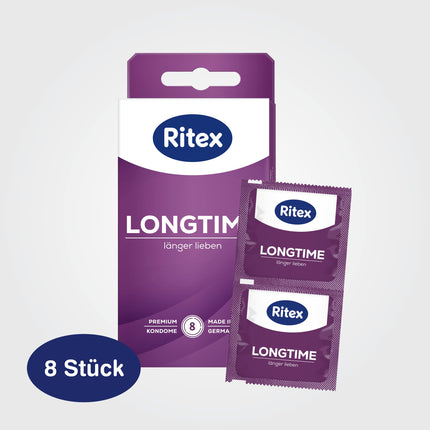 Ritex Longtime prezervatīvi – ilgākai mīlestībai – ar dubultu riņķi ​​īpaši ilgam mīlēšanās laikam, 8 gabali, ražoti Vācijā