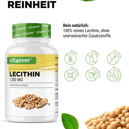 Lecitīns 1200 mg - 300 mīkstās kapsulas - Premium: Ar fosfatīdiem - Nesatur ĢMO sojas lecitīnu - Augsta deva - Augstākās kvalitātes