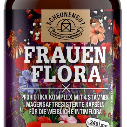 FRAUENFLORA® Intīmās floras komplekss 200 miljardi CFU/g — SVARĪGI: Laboratorijā pārbaudīti 4 baktēriju celmi Lactobacillus reuteri, rhamnosus, crispatus, acidophilus — zarnās šķīstošs apvalks — SCHEUNENGUT®