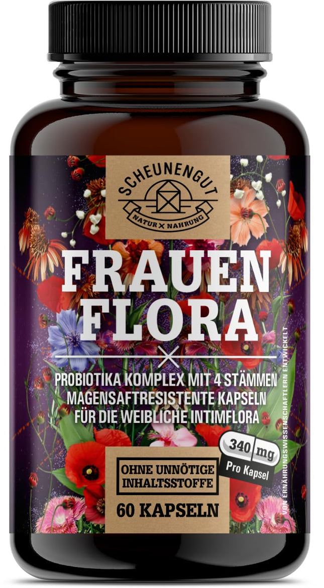 FRAUENFLORA® Intīmās floras komplekss 200 miljardi CFU/g — SVARĪGI: Laboratorijā pārbaudīti 4 baktēriju celmi Lactobacillus reuteri, rhamnosus, crispatus, acidophilus — zarnās šķīstošs apvalks — SCHEUNENGUT®