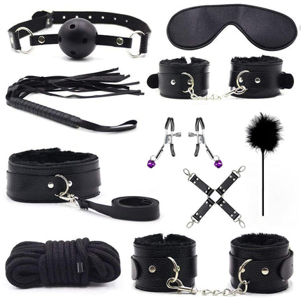 BDSM komplekts ar 10 daļām, SM gultas piederumi, verdzības komplekts, spalvu pātaga un acu maska, roku dzelži, potīšu aproces, spalvas, krūtsgala skavas, fetiša seksa rotaļlieta, verdzības komplekts piestiprināšanai pie gultas pāriem