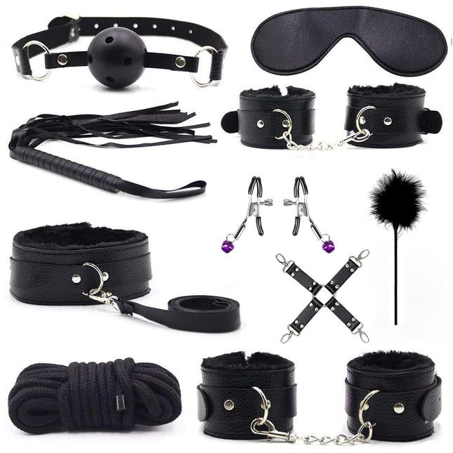 BDSM komplekts ar 10 daļām, SM gultas piederumi, verdzības komplekts, spalvu pātaga un acu maska, roku dzelži, potīšu aproces, spalvas, krūtsgala skavas, fetiša seksa rotaļlieta, verdzības komplekts piestiprināšanai pie gultas pāriem