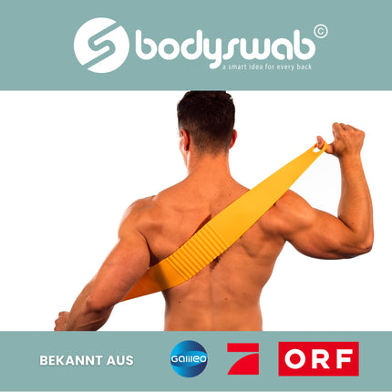 Bodyswab© muguras mitrinošais līdzeklis, plīsumizturīgs, izturības garantija, mazgājams trauku mazgājamajā mašīnā, alternatīvā muguras birste, muguras skrubis, ķermeņa kopšana, palīglīdzeklis senioriem, ražots ES, jautri sīkrīki