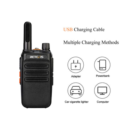 Retevis RB635 divvirzienu rācija ar lukturīti, PMR446 bezlicencēts radio, liela darbības rādiusa, mini divvirzienu rāciju komplekts ar USB kabeli, rācijas ar VOX ģimenes pastaigām, kempingam (melns, 2 iepakojumi)