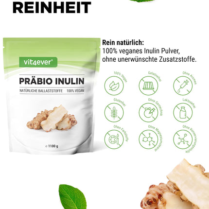 Prebio inulīna pulveris - 1100 g (1,1 kg) - Augsts šķiedrvielu saturs - Prebiotiķis - Kontrolēts atlieku saturs - Izcelsme: Eiropa - Dabiski iegūts no cigoriņu saknes - 100% vegāns
