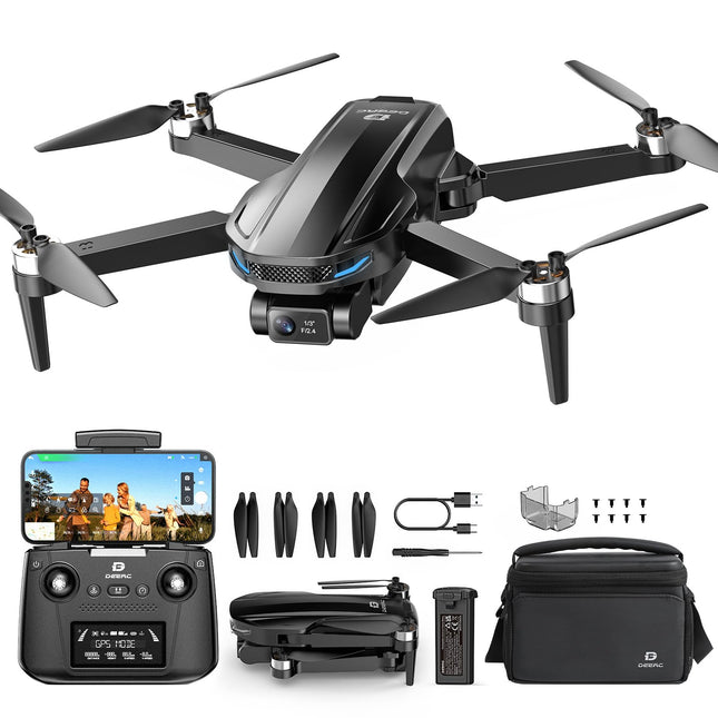 DEERC EIS 4K kameras drons ar 2 asu stabilizatoru pieaugušajiem, D65 RC droni zem 249 g, GPS seko man, 26 min. Ilgs lidojuma laiks, 5G attēla pārraide, vieda atgriešanās, profesionāls pilns komplekts iesācējiem, C0