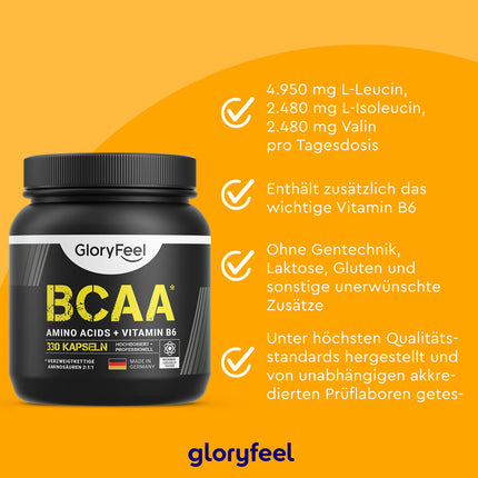 BCAA 330 kapsulas - neaizvietojamās aminoskābes leicīns, valīns un izoleicīns, kā arī B6 vitamīns - laboratorijā pārbaudītas un ražotas Vācijā bez piedevām