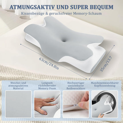 Untimaty kakla spilvens - ortopēdisks atmiņas putu spilvens, ergonomisks spilvens kakla sāpju mazināšanai sānu, muguras un vēdera gulētājiem ar ledus zīda pārvalku (pelēks)