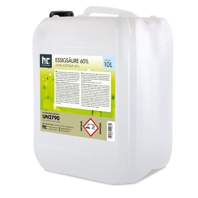 Höfer Chemie 10 l etiķskābe 60% - optimāls tīrīšanas un atkaļķotāja līdzeklis - augstākā kvalitāte, ražots Vācijā - svaigi iepildīts ērtā kannā
