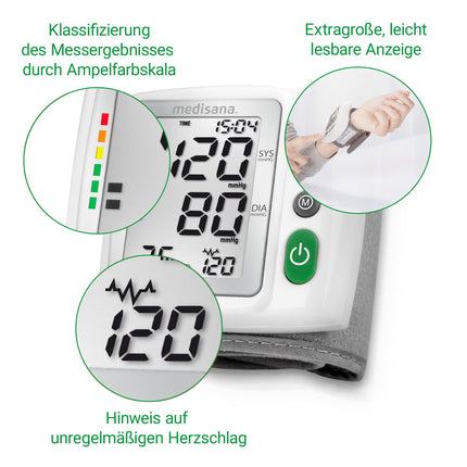 Medisana BW 315 plaukstas locītavas asinsspiediena mērītājs, precīzs asinsspiediena un pulsa mērījums, augsta asinsspiediena mērītājs ar luksofora skalu, asinsspiediena aproce ar aritmijas noteikšanu, atmiņas funkcija