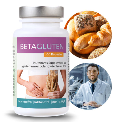 Betaglutēns 60 kapsulas | piemērots cilvēkiem ar jutību pret glutēnu, kviešu alerģiju, celiakiju, zemu ogļhidrātu diētu vai FODMAP diētu