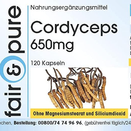 Fair &amp; Pure® - Cordyceps 650mg - 120 kapsulas - Cordyceps Sinensis - bez magnija stearāta - vegāns